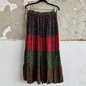 Vtg Boho Maxi Skirt Tiered Patchwork Floral Cottagecore Prairie Young Threads XL